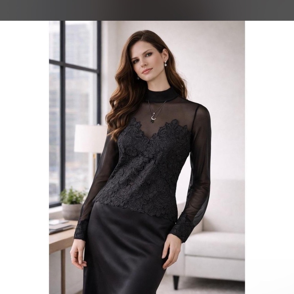 Boston Proper Elegant Black Lace Overlay Sheer Top